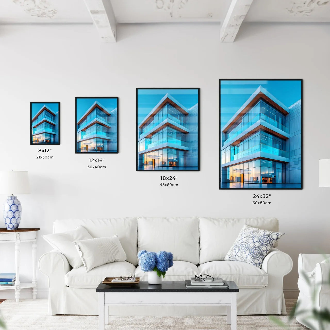 Abstract painting with blue sky and building Glass Windows Size Chart