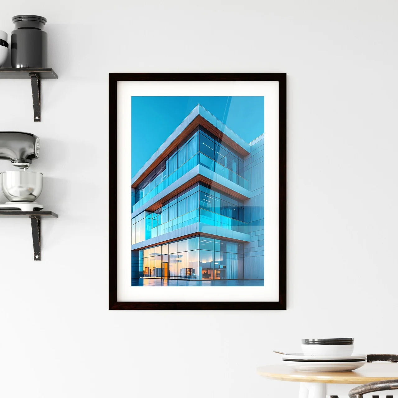 Abstract painting with blue sky and building Glass Windows Custom Print