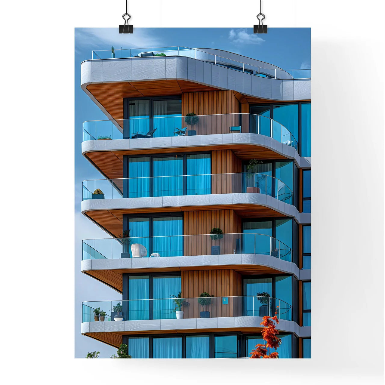 Vibrant Painting Showcasing Architectural Lines and Blue Skies with Multiple Balconies Poster
