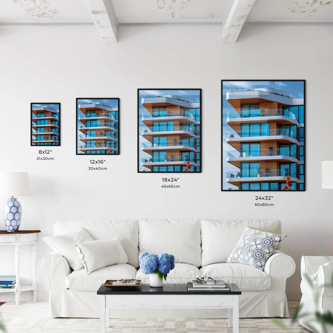 Vibrant Painting Showcasing Architectural Lines and Blue Skies with Multiple Balconies Size Chart