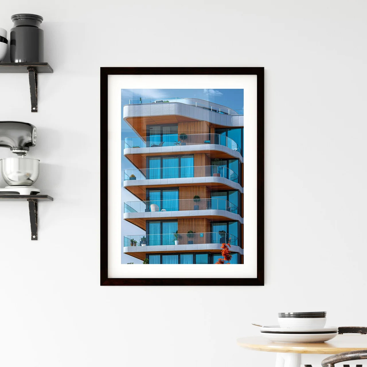 Vibrant Painting Showcasing Architectural Lines and Blue Skies with Multiple Balconies Custom Print