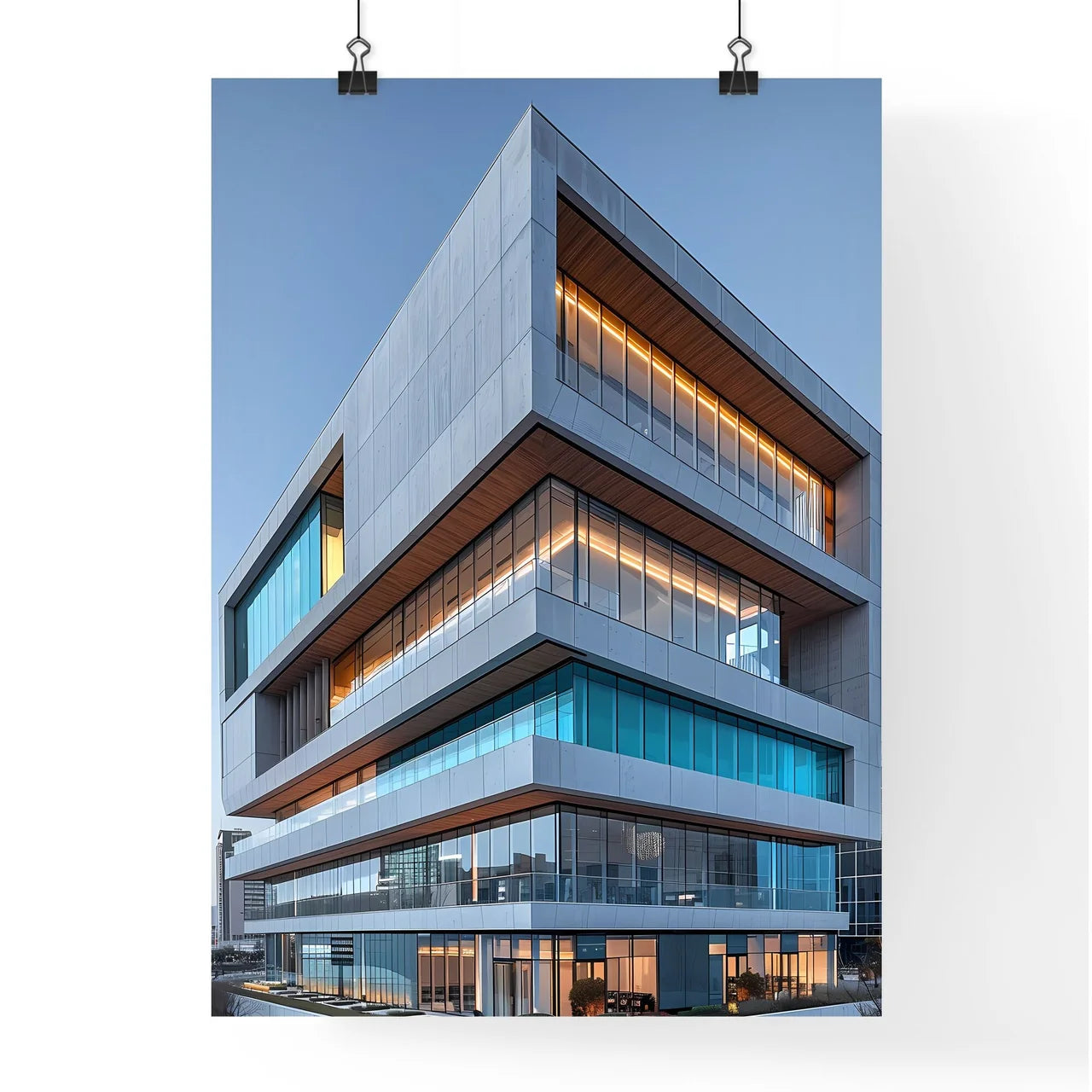 Striking Architecture Artwork: Vibrant Painting Depicting an Ethereal Building Awash in Azure Skies with a Profusion of Glass Windows Poster