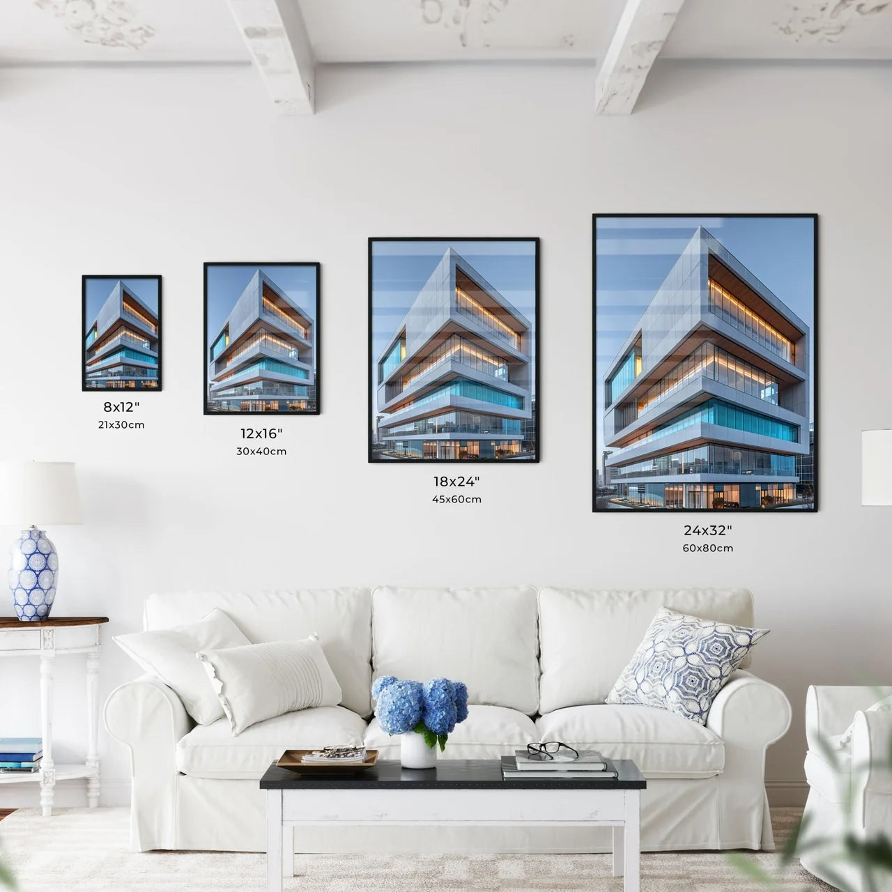 Striking Architecture Artwork: Vibrant Painting Depicting an Ethereal Building Awash in Azure Skies with a Profusion of Glass Windows Size Chart