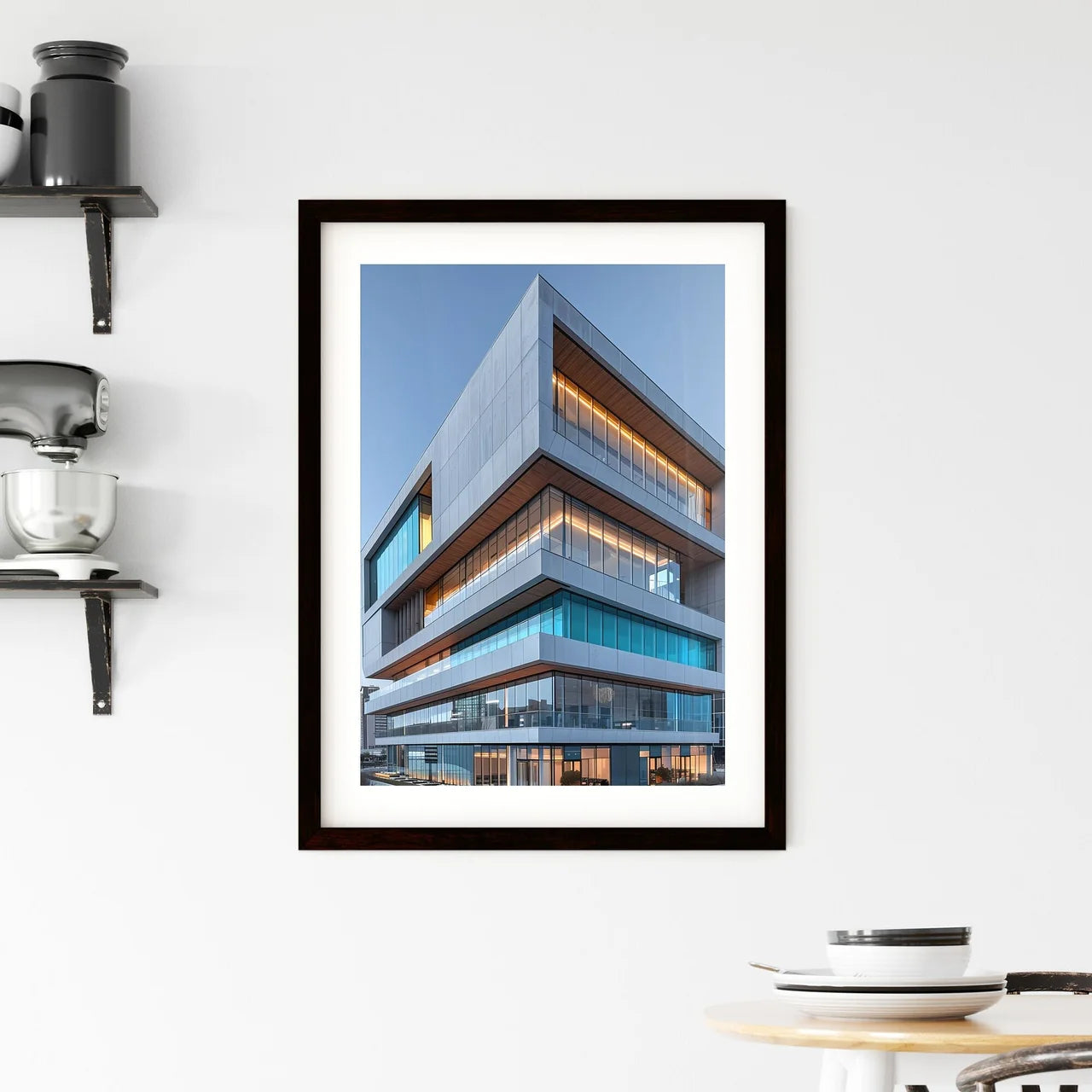 Striking Architecture Artwork: Vibrant Painting Depicting an Ethereal Building Awash in Azure Skies with a Profusion of Glass Windows Custom Print