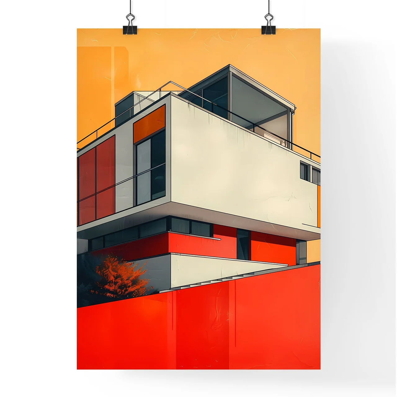 Bauhaus Architecture Painting, Geometric Balcony, Primary Colors, Art Deco Poster Style Poster