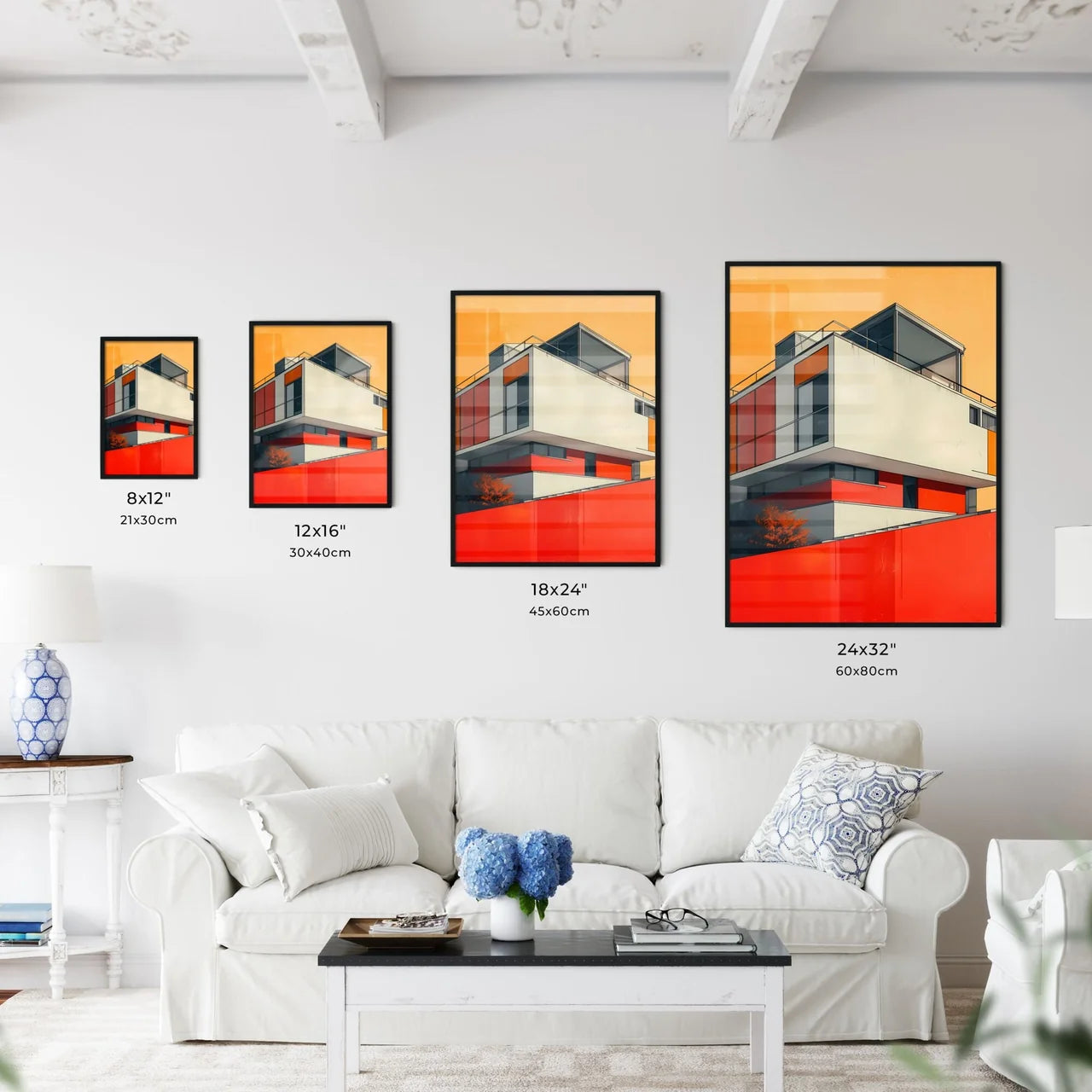 Bauhaus Architecture Painting, Geometric Balcony, Primary Colors, Art Deco Poster Style Size Chart