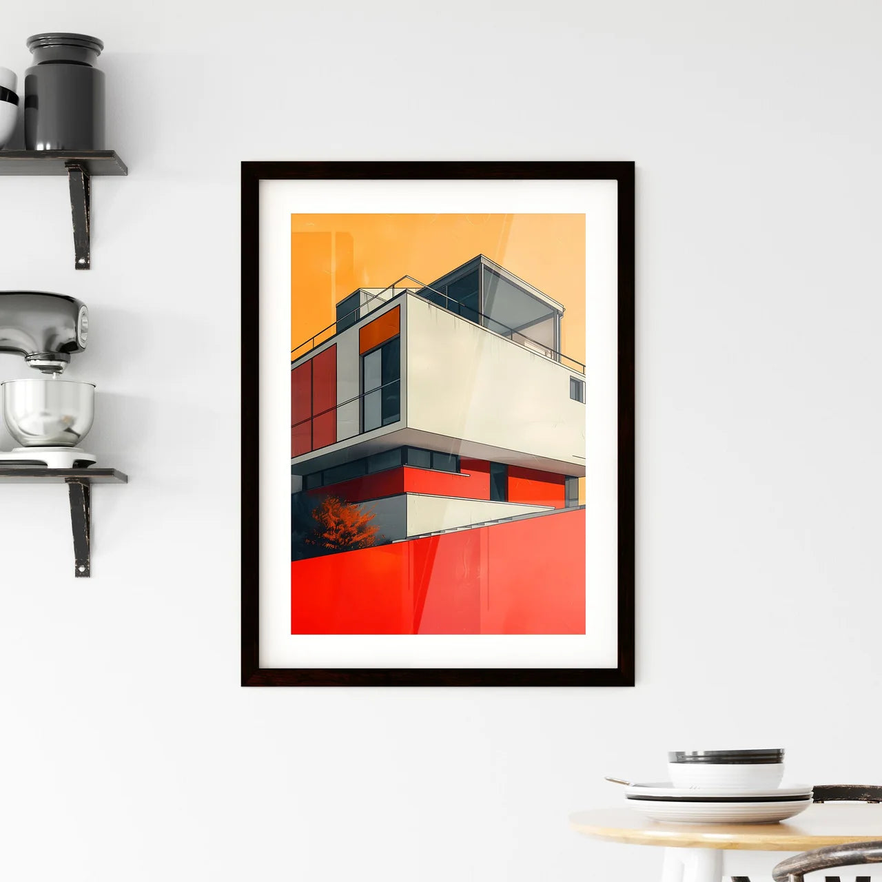Bauhaus Architecture Painting, Geometric Balcony, Primary Colors, Art Deco Poster Style Custom Print