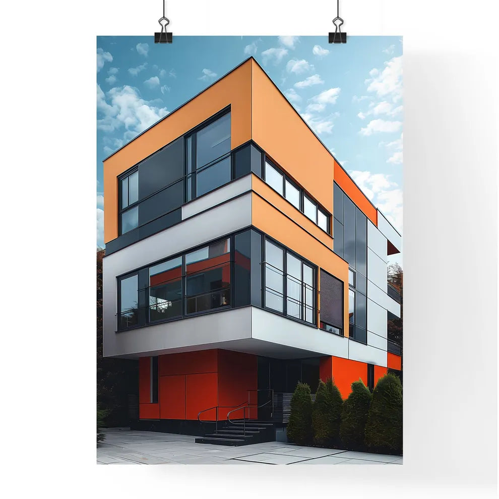 Minimalist art Bauhaus architecture painting, Abstract shapes, geometric composition, flat colors, modern building, colourful poster design, corner, trees Poster