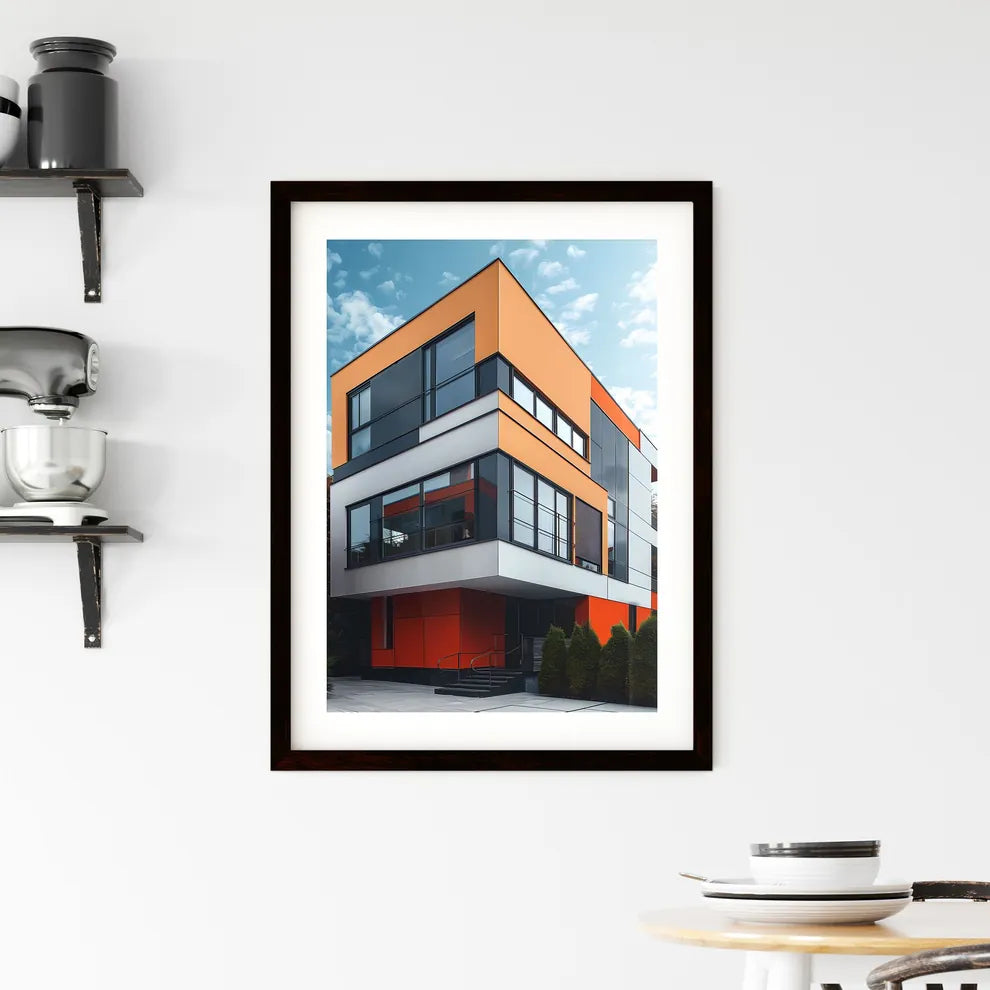 Minimalist art Bauhaus architecture painting, Abstract shapes, geometric composition, flat colors, modern building, colourful poster design, corner, trees Custom Print