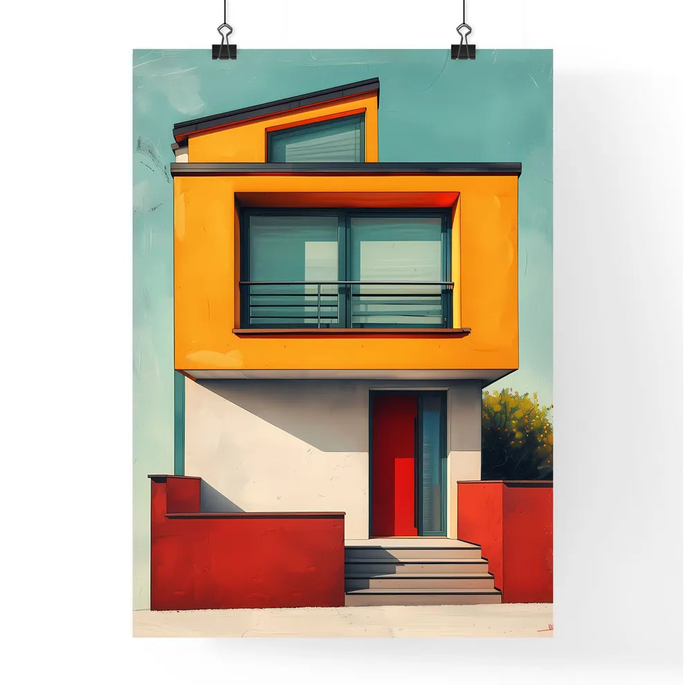 Vibrant Bauhaus Art Print: Minimalist Geometric Yellow House with Red Door Poster