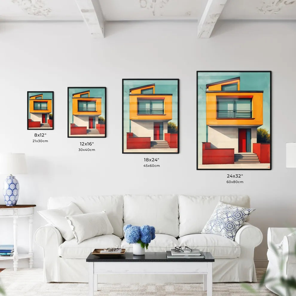 Vibrant Bauhaus Art Print: Minimalist Geometric Yellow House with Red Door Size Chart