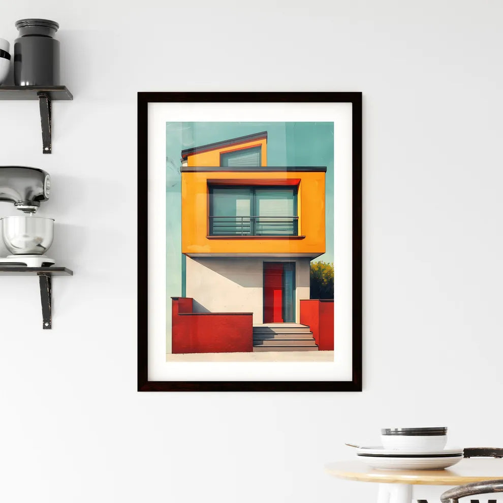 Vibrant Bauhaus Art Print: Minimalist Geometric Yellow House with Red Door Custom Print