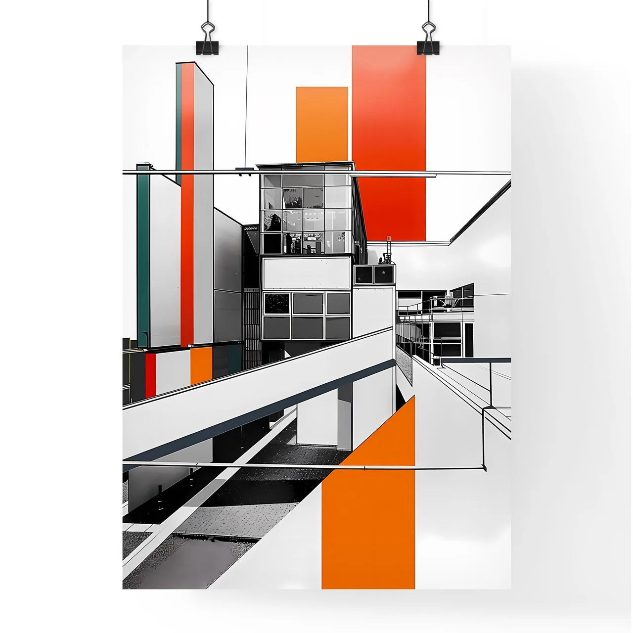 Bauhaus Architecture Painting Stripes Orange White Geometric Poster Art Decor Poster
