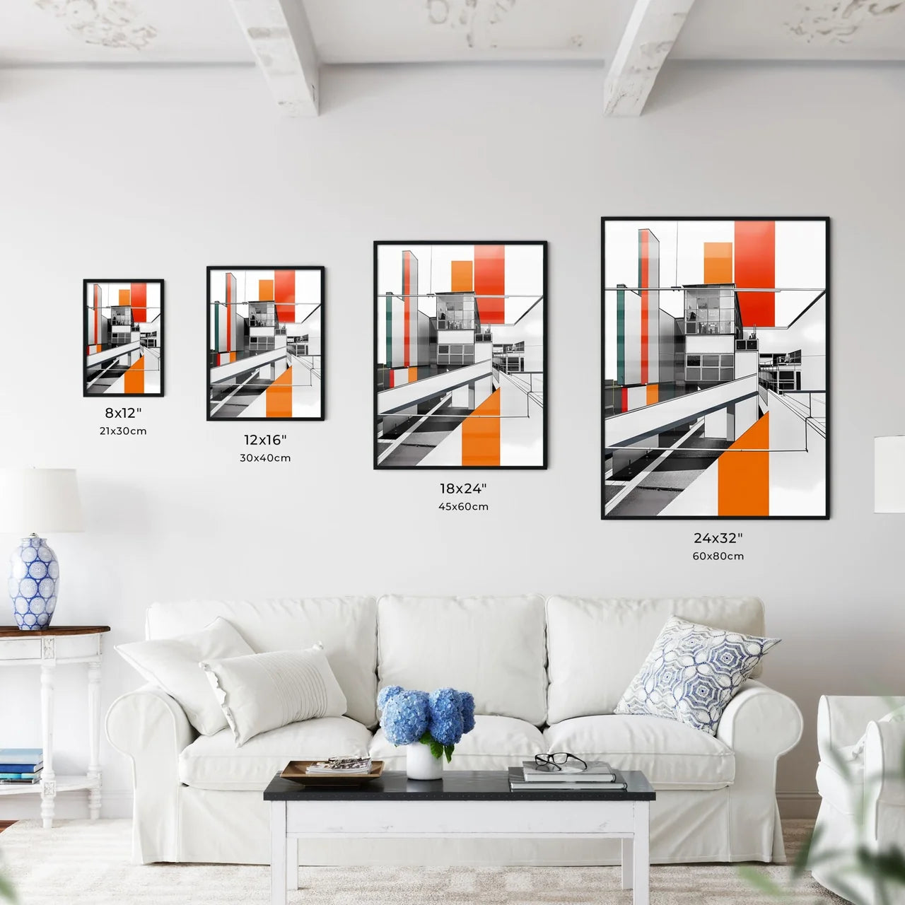Bauhaus Architecture Painting Stripes Orange White Geometric Poster Art Decor Size Chart
