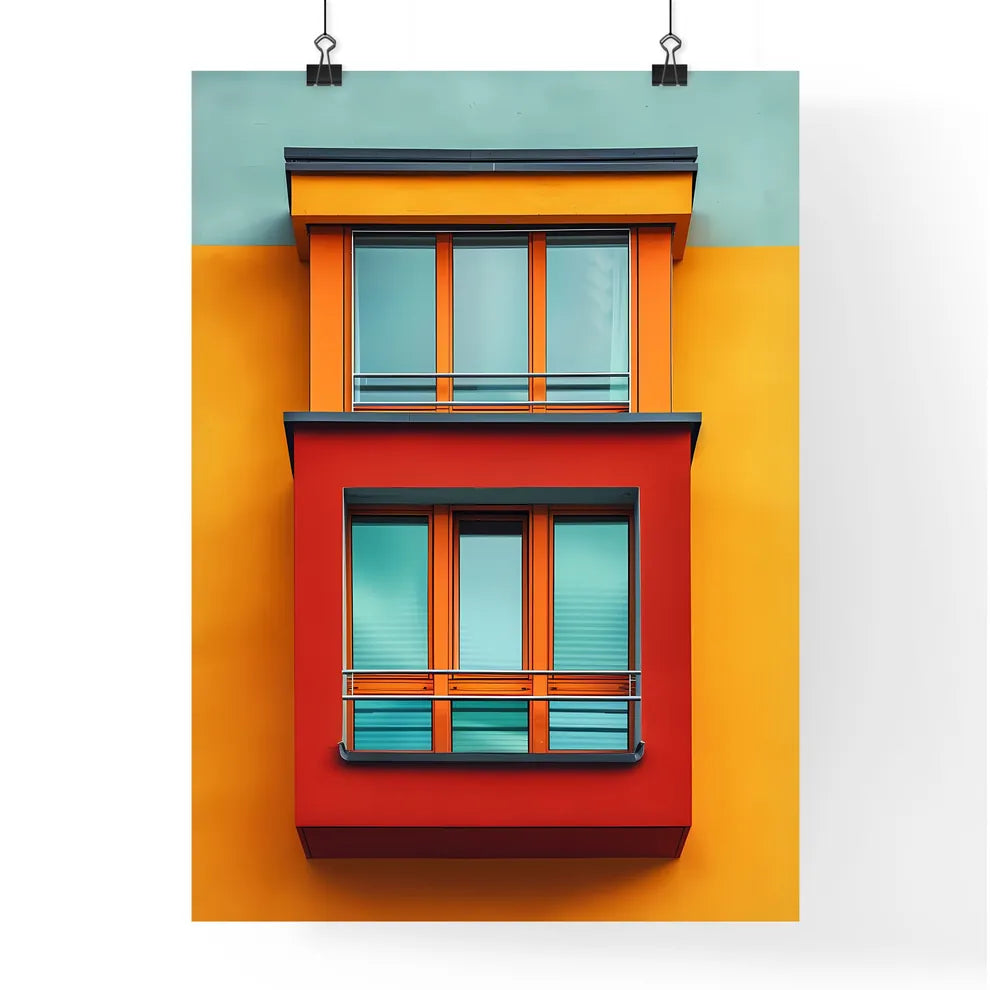Vibrant Bauhaus Building Painting with Balcony, Geometric Abstract Art Poster in Minimalist Style Poster
