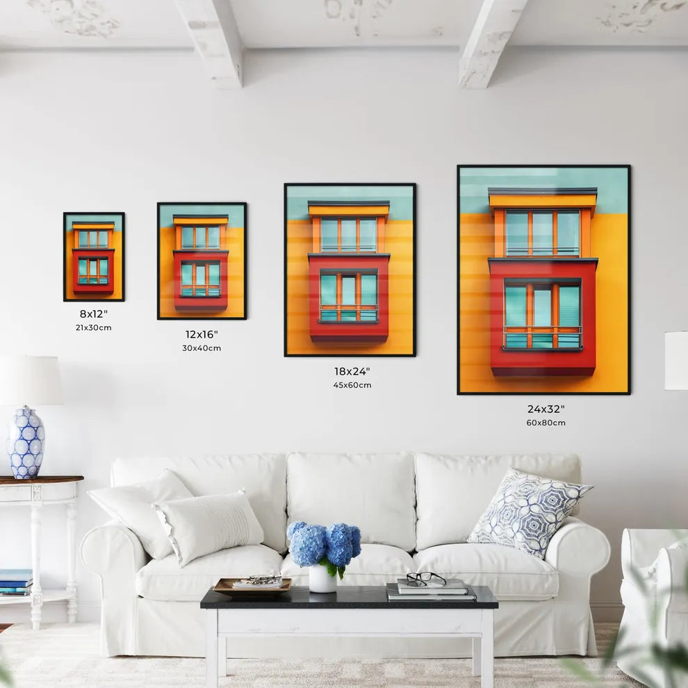 Vibrant Bauhaus Building Painting with Balcony, Geometric Abstract Art Poster in Minimalist Style Size Chart