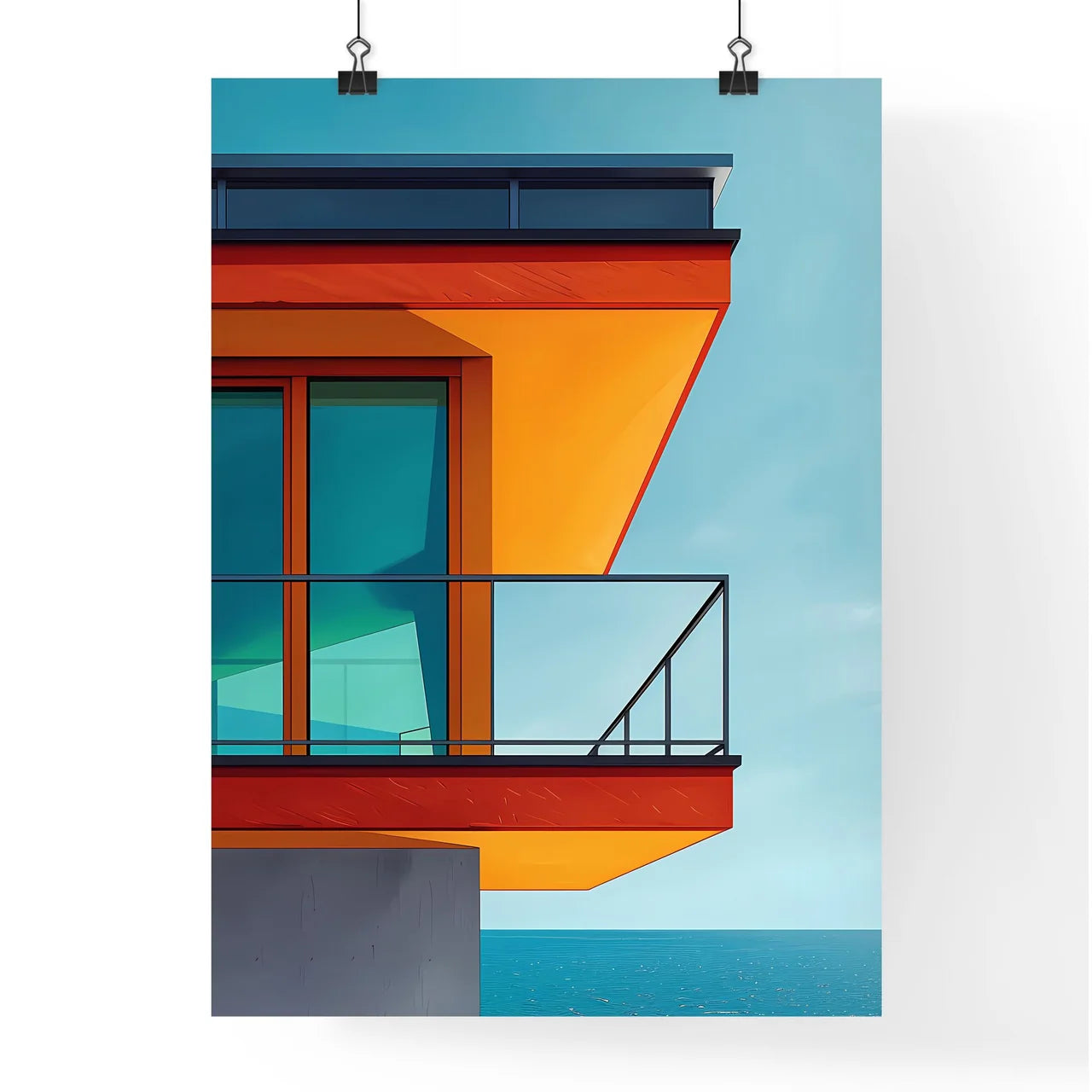 Bauhaus-inspired abstract art, geometric balcony, vivid colors, minimalist design, art print Poster