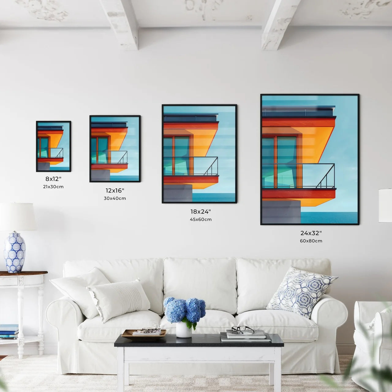 Bauhaus-inspired abstract art, geometric balcony, vivid colors, minimalist design, art print Size Chart