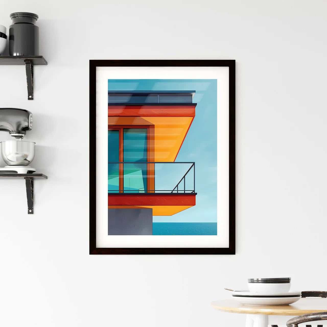 Bauhaus-inspired abstract art, geometric balcony, vivid colors, minimalist design, art print Custom Print