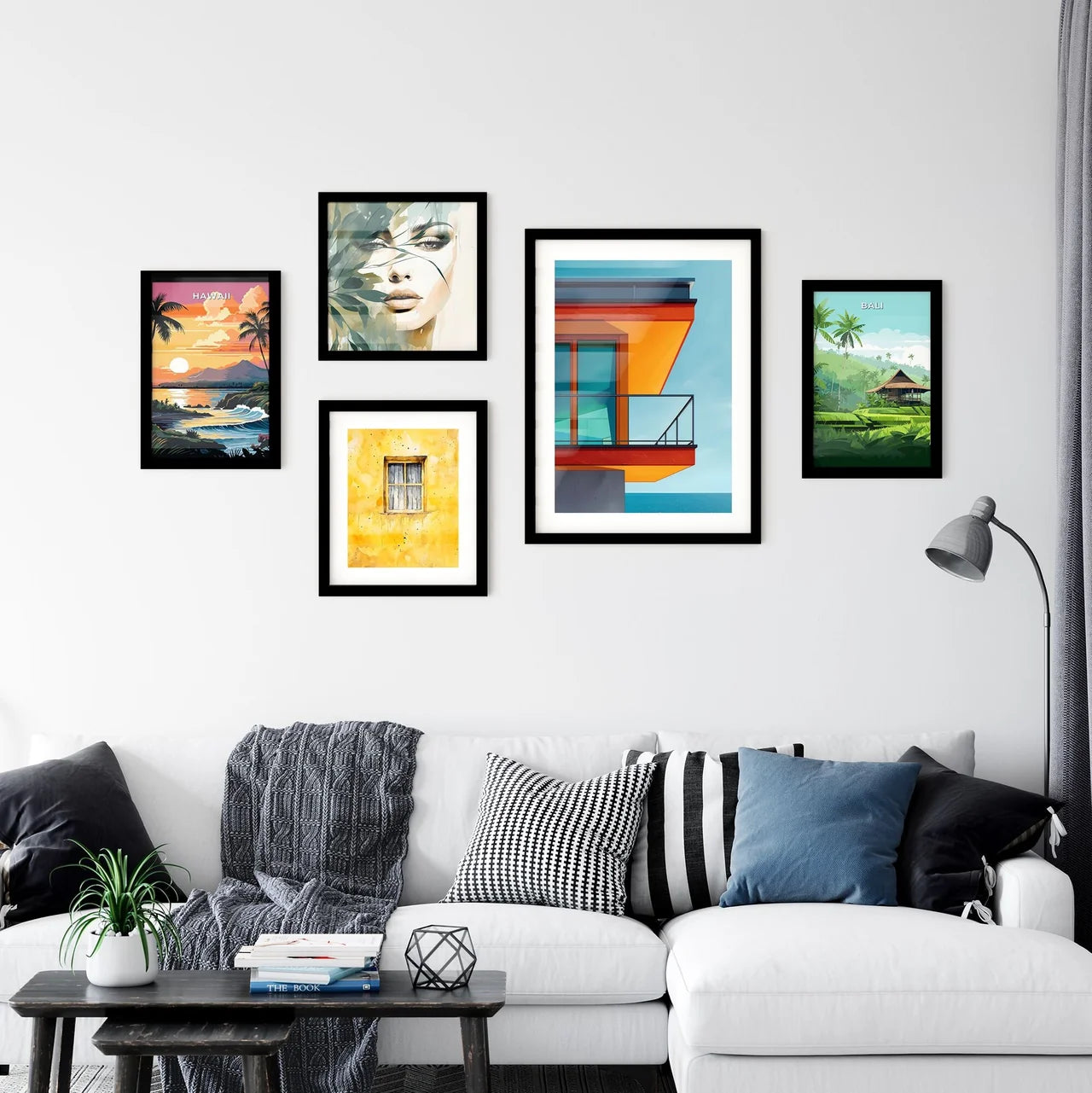 Bauhaus-inspired abstract art, geometric balcony, vivid colors, minimalist design, art print Interior Design