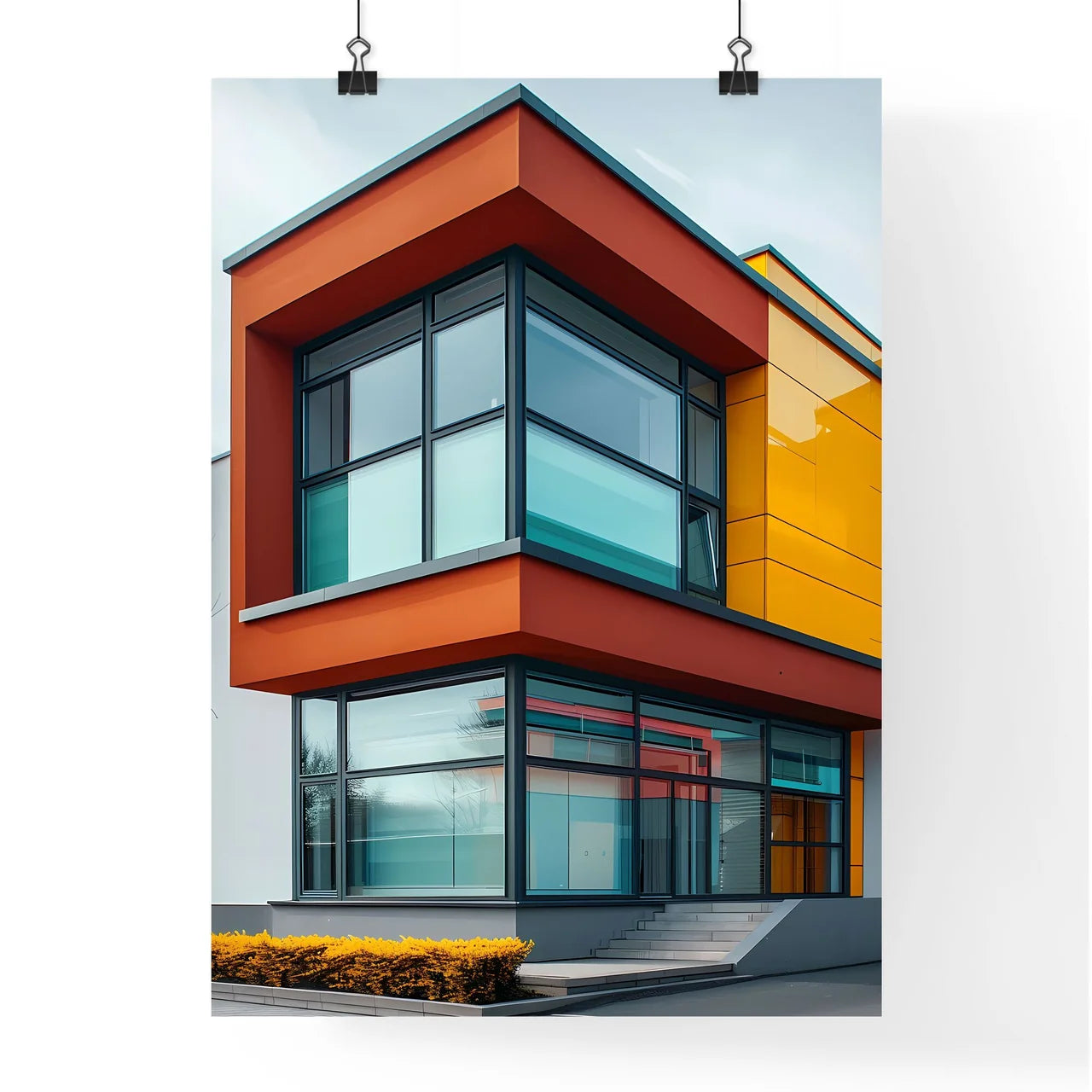 Vibrant Bauhaus Painting: Corner of a Geometric Architectural Masterpiece with Flat Minimalist Style and Bright Colors Poster