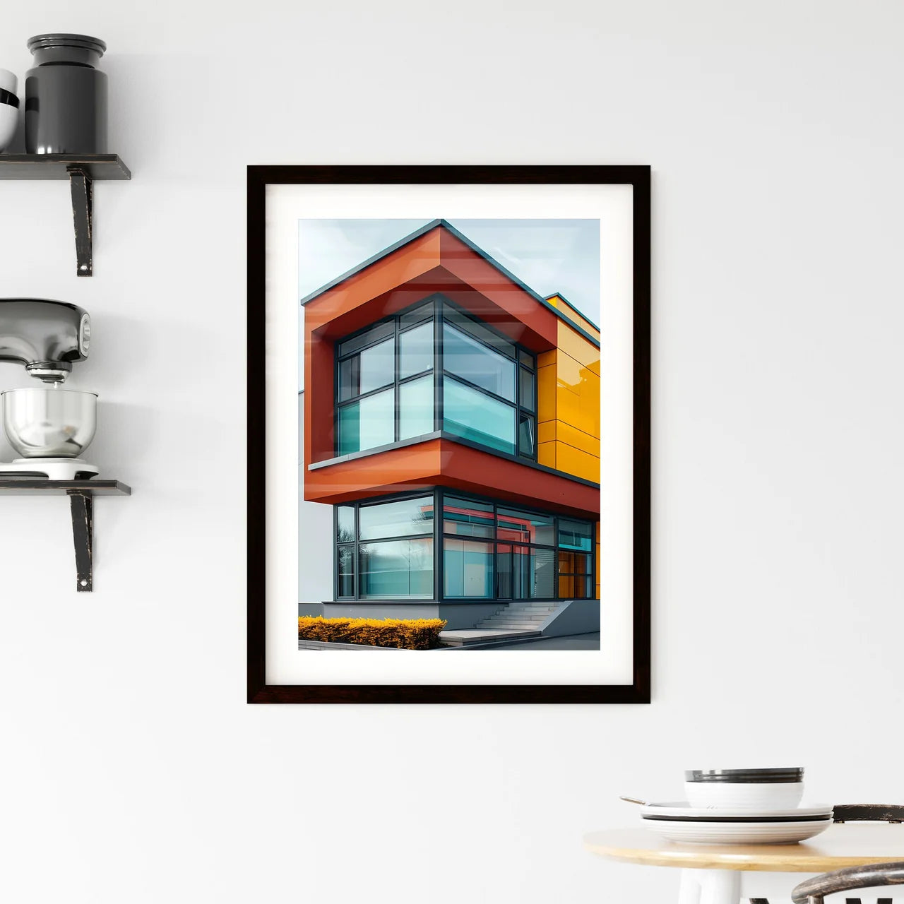 Vibrant Bauhaus Painting: Corner of a Geometric Architectural Masterpiece with Flat Minimalist Style and Bright Colors Custom Print