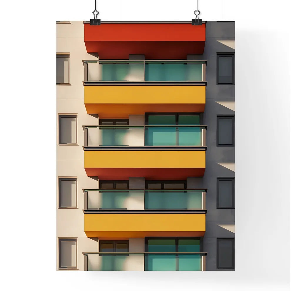 Bauhaus architecture painting, graphic art, geometry, bright colors, minimalism, flat, abstract, balconies Poster