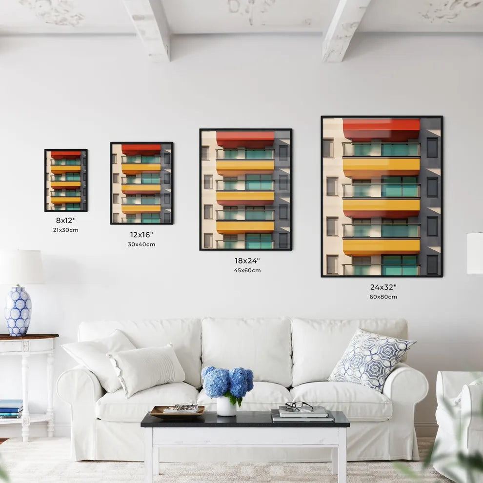 Bauhaus architecture painting, graphic art, geometry, bright colors, minimalism, flat, abstract, balconies Size Chart