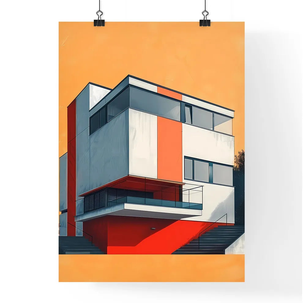 Flat Geometric Bauhaus Architecture Building in Vibrant Color Style, Highlighting Stairs and Trees Poster