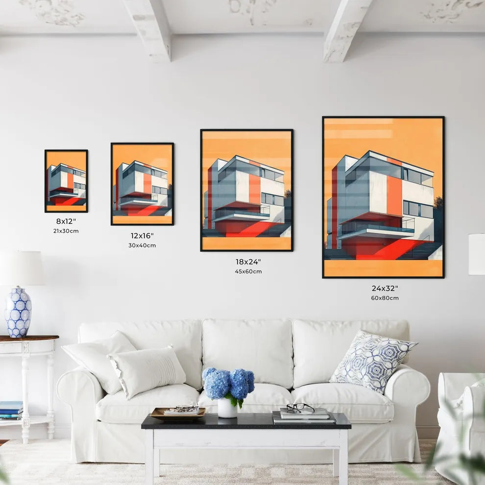 Flat Geometric Bauhaus Architecture Building in Vibrant Color Style, Highlighting Stairs and Trees Size Chart