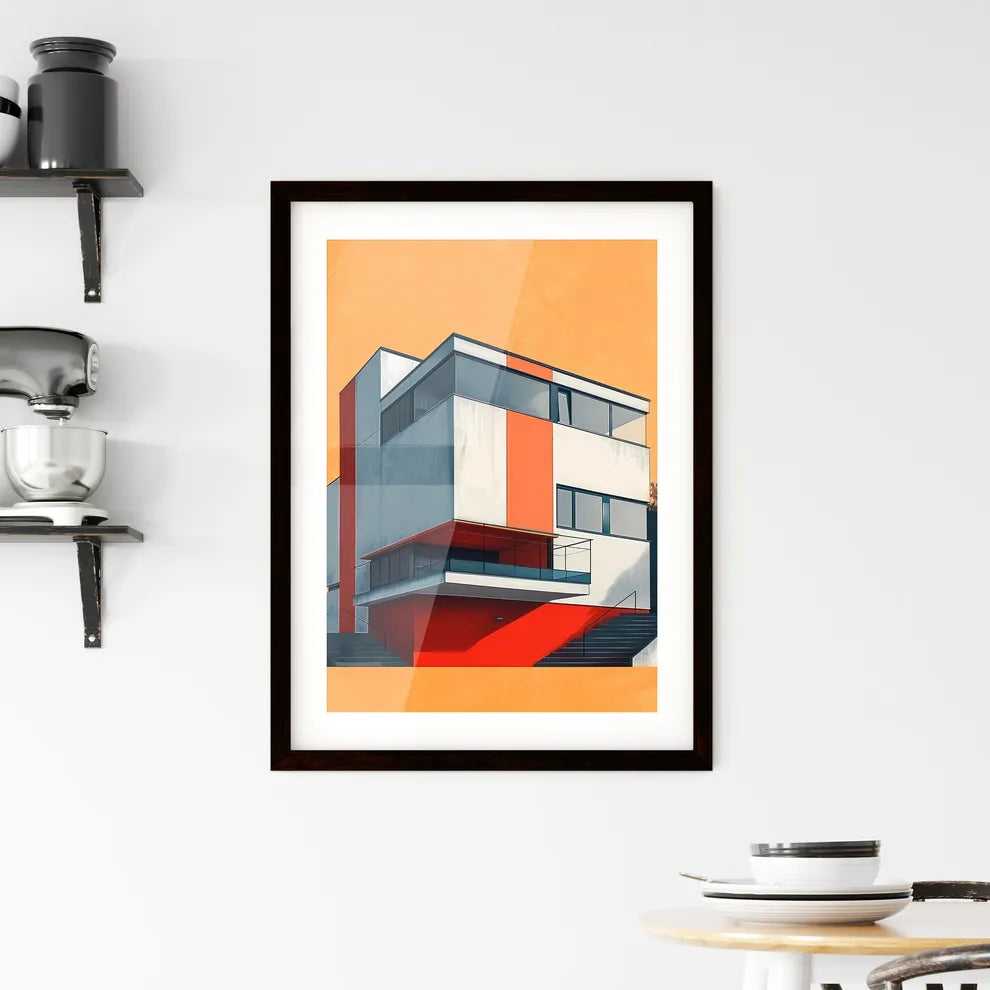 Flat Geometric Bauhaus Architecture Building in Vibrant Color Style, Highlighting Stairs and Trees Custom Print