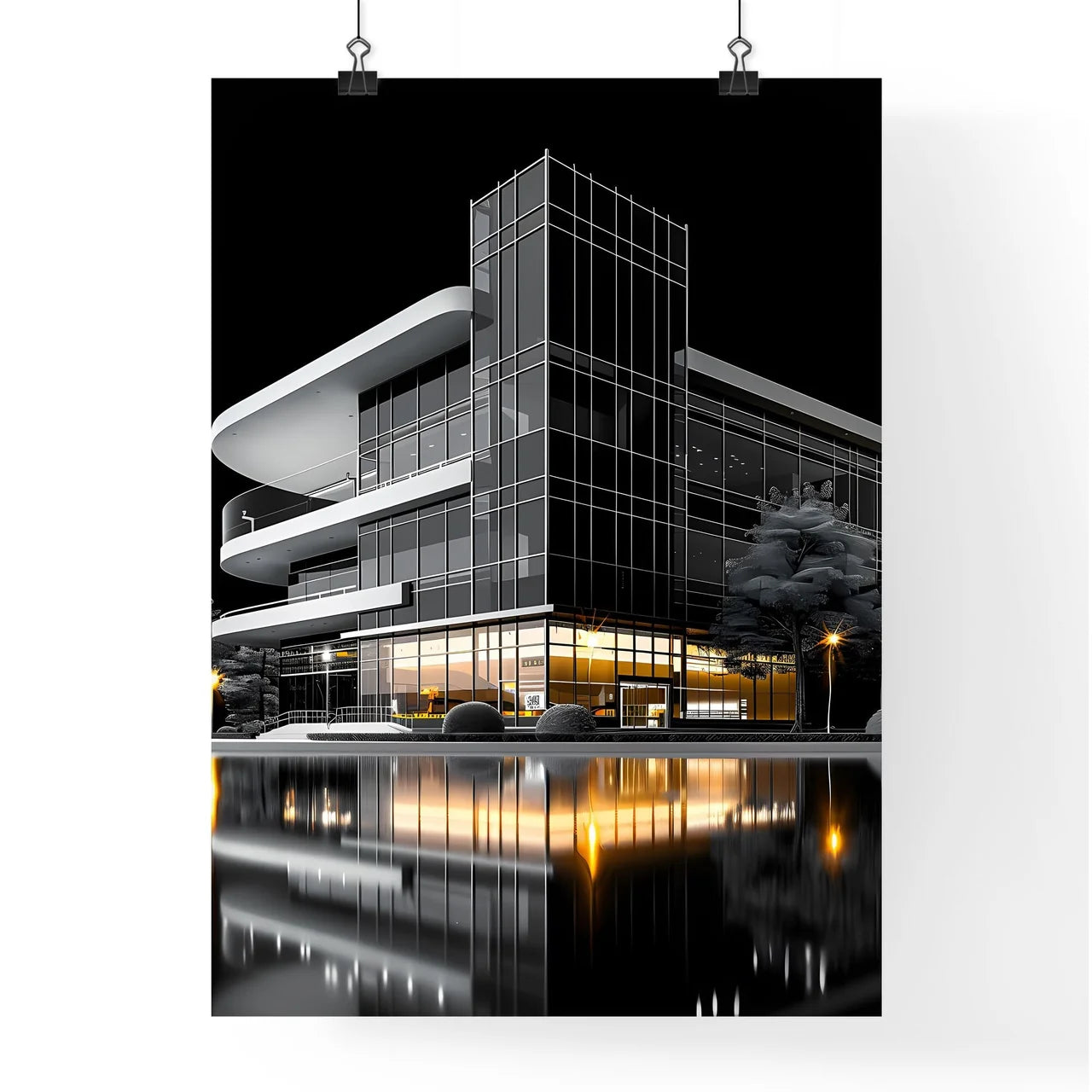 Black and White High School Architecture Design Icon, Building, Trees, Water, Vibrant Painting, Art Poster