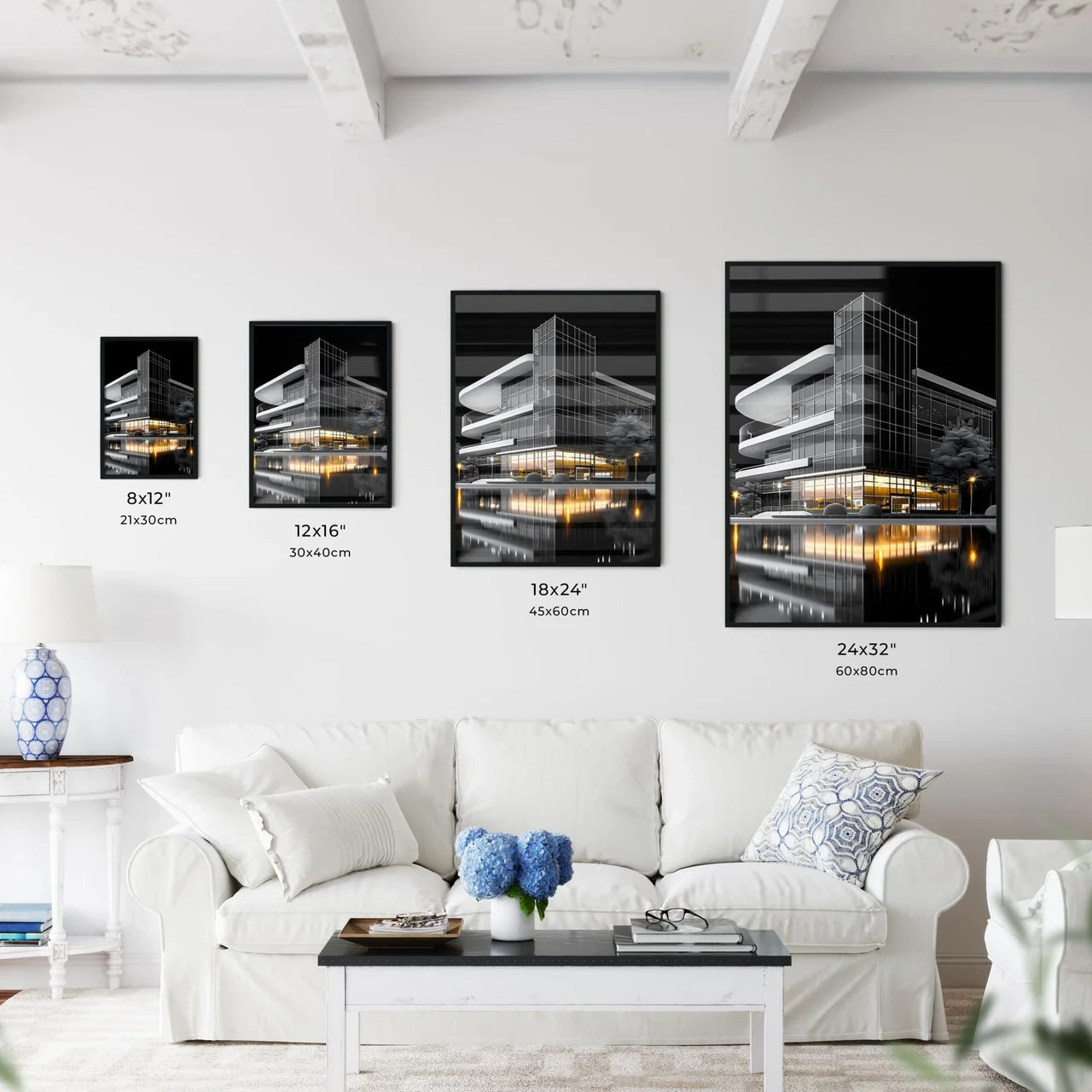 Black and White High School Architecture Design Icon, Building, Trees, Water, Vibrant Painting, Art Size Chart