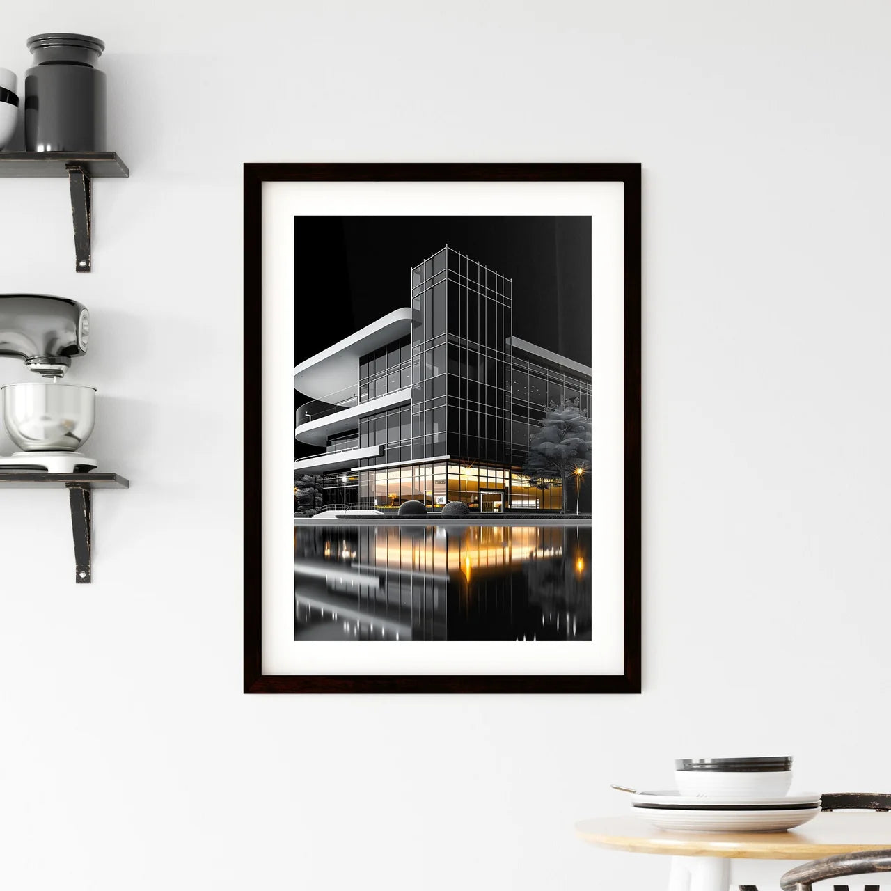 Black and White High School Architecture Design Icon, Building, Trees, Water, Vibrant Painting, Art Custom Print