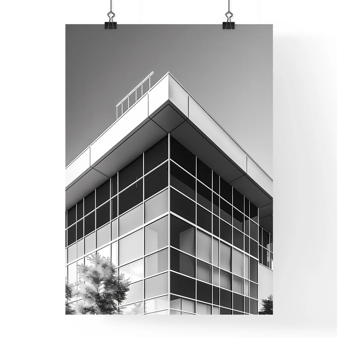 Black and White High School Architecture Design Icon, Black Background, Building with Windows, Tree Poster