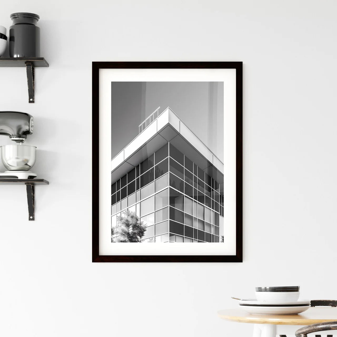 Black and White High School Architecture Design Icon, Black Background, Building with Windows, Tree Custom Print