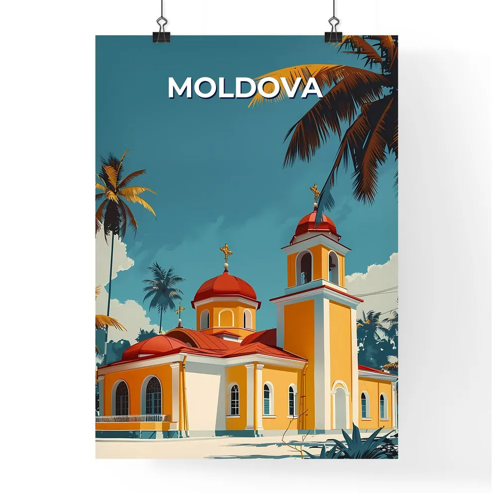Vivid Ecclesiastical Art: Moldovan Church Painting with Palm Trees, European Architecture, Cultural Heritage, Travel Inspiration Poster