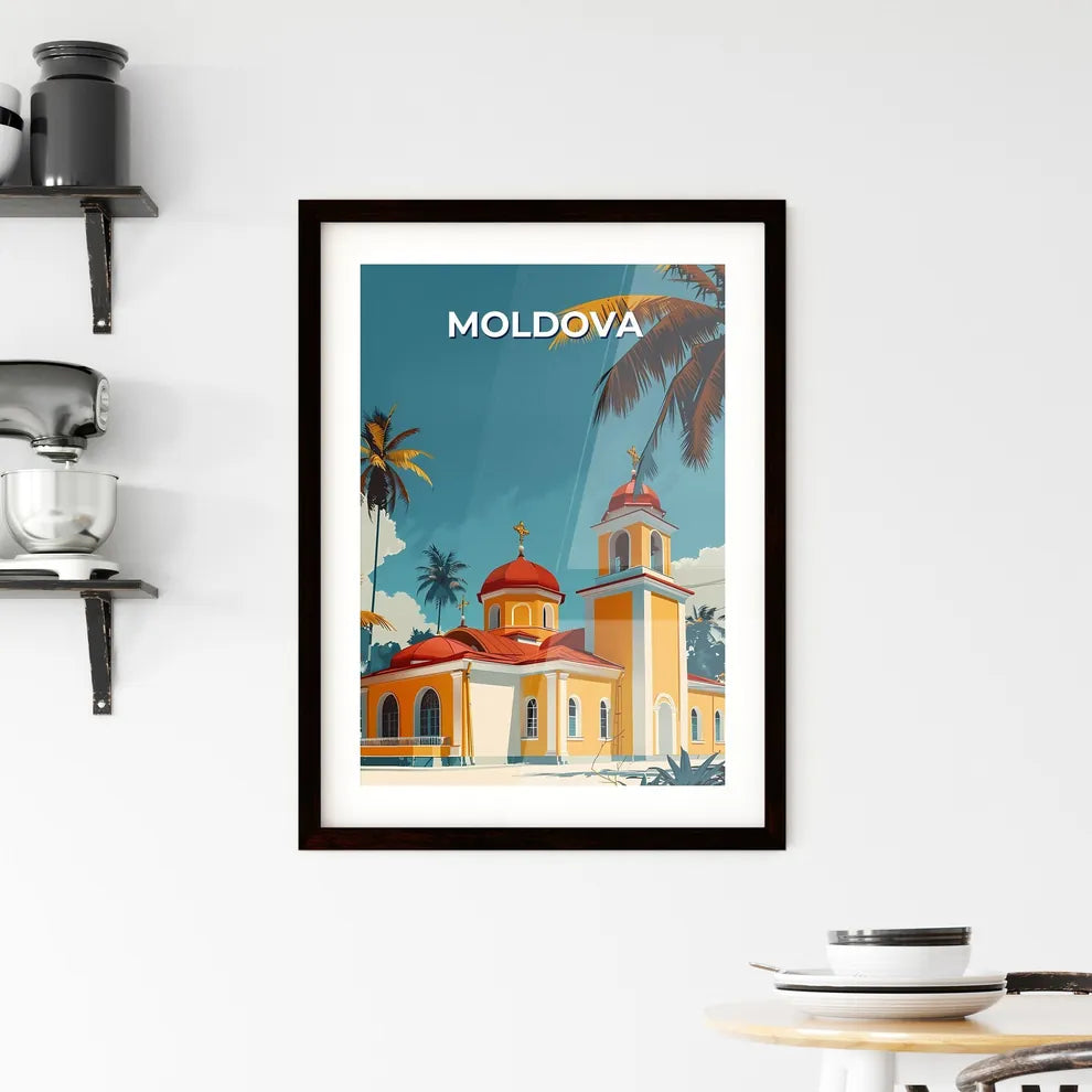 Vivid Ecclesiastical Art: Moldovan Church Painting with Palm Trees, European Architecture, Cultural Heritage, Travel Inspiration Custom Print