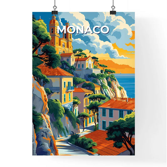 Colorful Art Painting of Monaco, Europe: Scenic Clifftop Town by the Water Poster