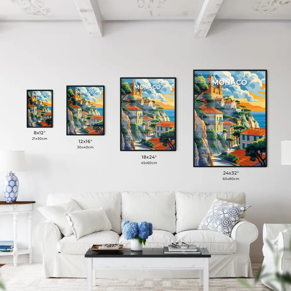 Colorful Art Painting of Monaco, Europe: Scenic Clifftop Town by the Water Size Chart