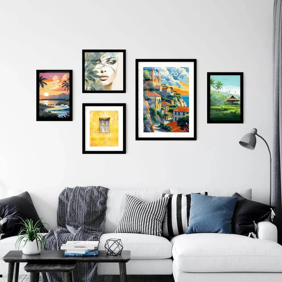 Colorful Art Painting of Monaco, Europe: Scenic Clifftop Town by the Water Interior Design