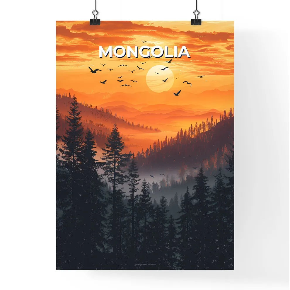 Vibrant Mongolian Mountain Range Sunset Painting Poster
