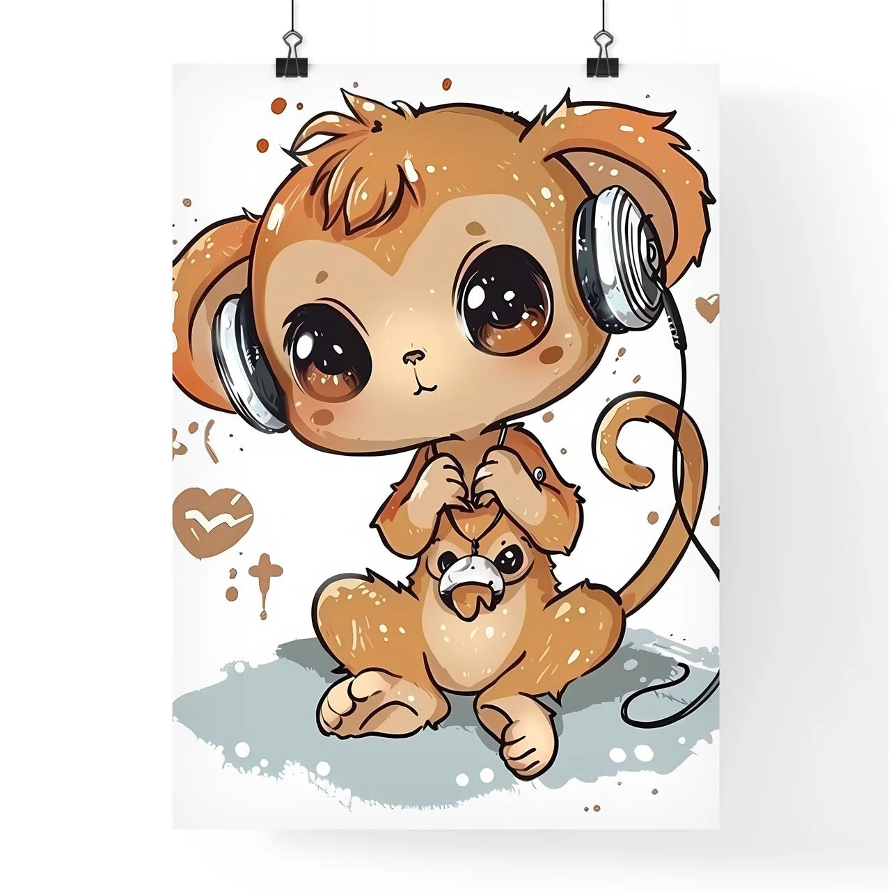Cute and Happy Kawaii Style Cartoon Monkey Wearing Headphones on White Background Poster