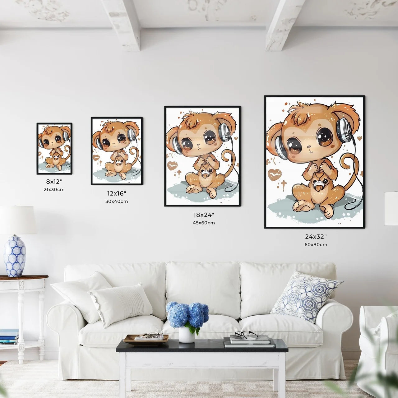 Cute and Happy Kawaii Style Cartoon Monkey Wearing Headphones on White Background Size Chart