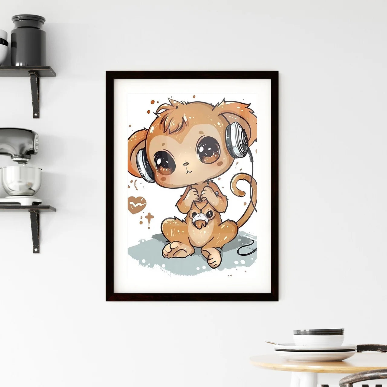 Cute and Happy Kawaii Style Cartoon Monkey Wearing Headphones on White Background Framed Print