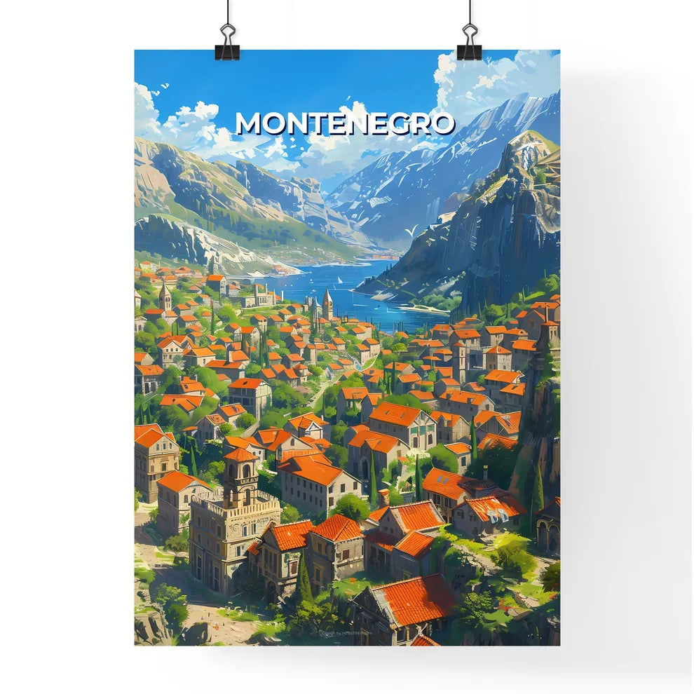 Art of Vibrant Montenegro Town Painting: Red Roofs, River, Europe Poster