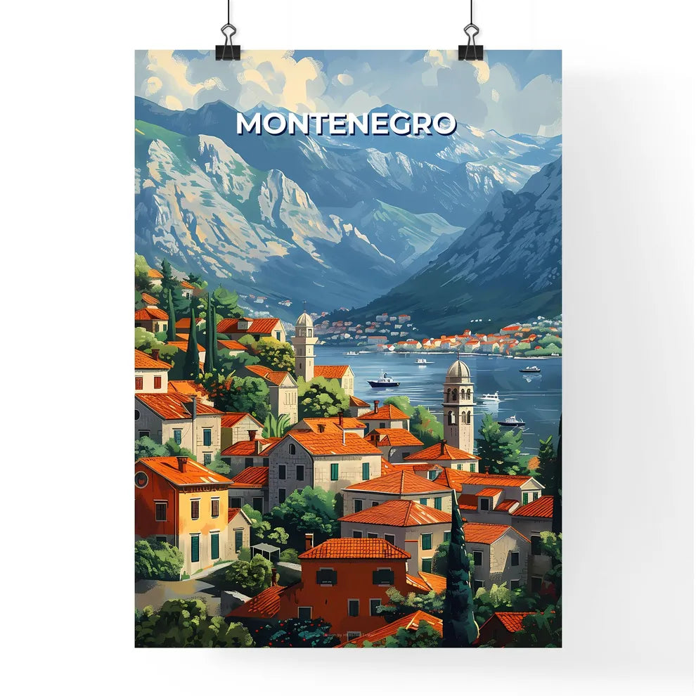 Vibrant Art Depiction of a Town in Montenegro, Europe with Red Roofs, Mountains, and a Body of Water Poster