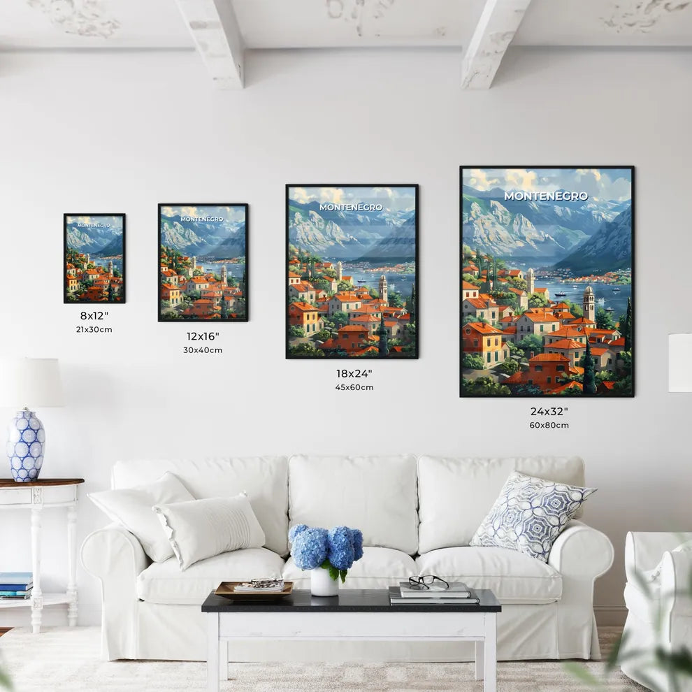 Vibrant Art Depiction of a Town in Montenegro, Europe with Red Roofs, Mountains, and a Body of Water Size Chart