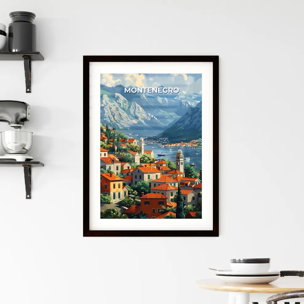 Vibrant Art Depiction of a Town in Montenegro, Europe with Red Roofs, Mountains, and a Body of Water Custom Print