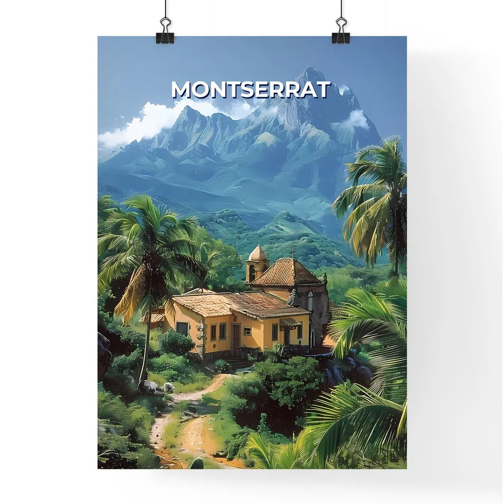 Vibrant Montserrat Landscape Painting: Colorful House Amidst Palm Trees in North America - Contemporary Art Poster